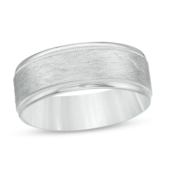 Previously Owned - 8.0mm Multi-Finish Center Stripe Bevelled Edge Comfort-Fit Wedding Band in 10K White Gold