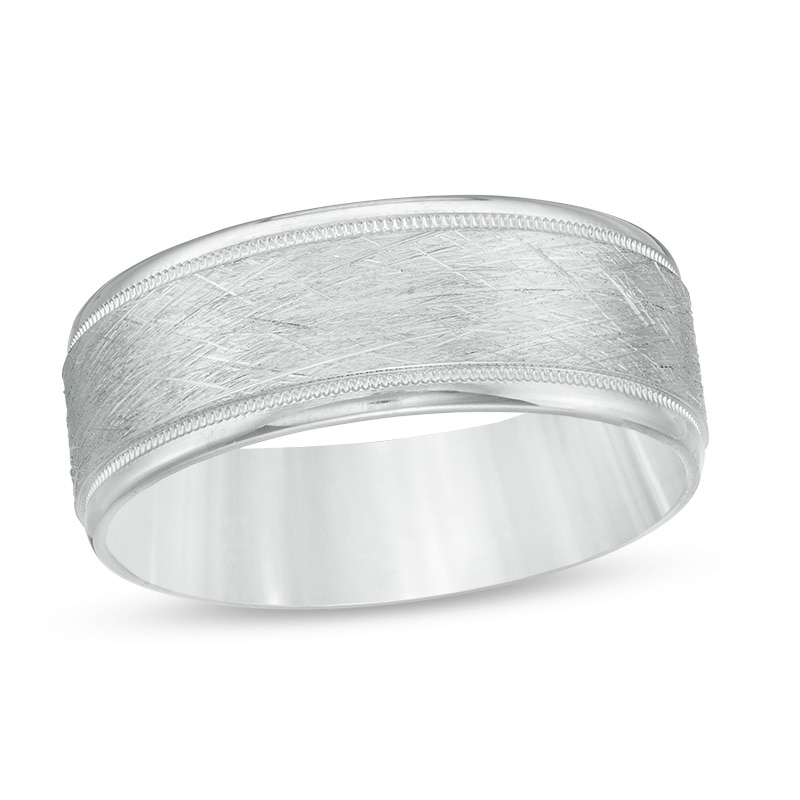 Main Image 1 of Previously Owned - 8.0mm Multi-Finish Center Stripe Bevelled Edge Comfort-Fit Wedding Band in 10K White Gold