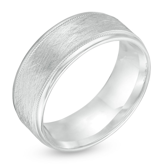 Previously Owned - 8.0mm Multi-Finish Center Stripe Bevelled Edge Comfort-Fit Wedding Band in 10K White Gold