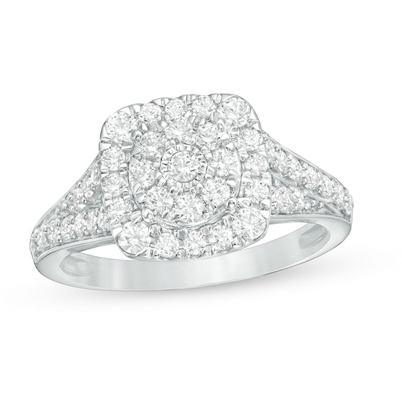 Previously Owned - 1 CT. T.w. Composite Diamond Double Cushion Frame Split Shank Engagement Ring in 10K White Gold
