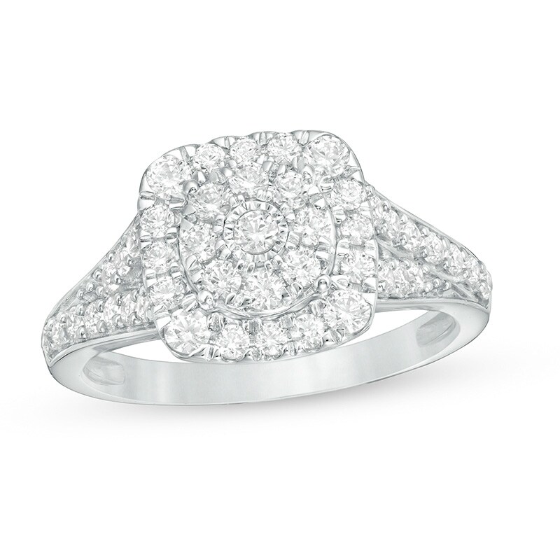 Main Image 1 of Previously Owned - 1 CT. T.W. Composite Diamond Double Cushion Frame Split Shank Engagement Ring in 10K White Gold
