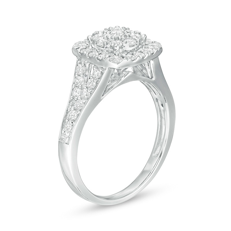 Main Image 3 of Previously Owned - 1 CT. T.W. Composite Diamond Double Cushion Frame Split Shank Engagement Ring in 10K White Gold