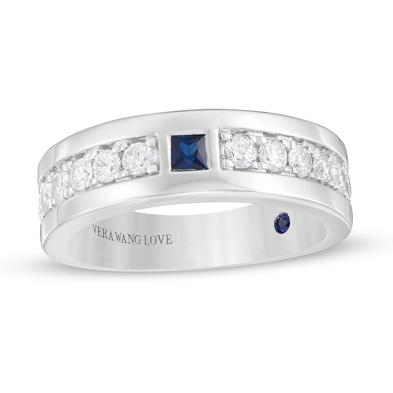 Main Image 1 of Previously Owned - Vera Wang Men's Sapphire and 3/4 CT. T.W. Diamond Wedding Band in 14K White Gold