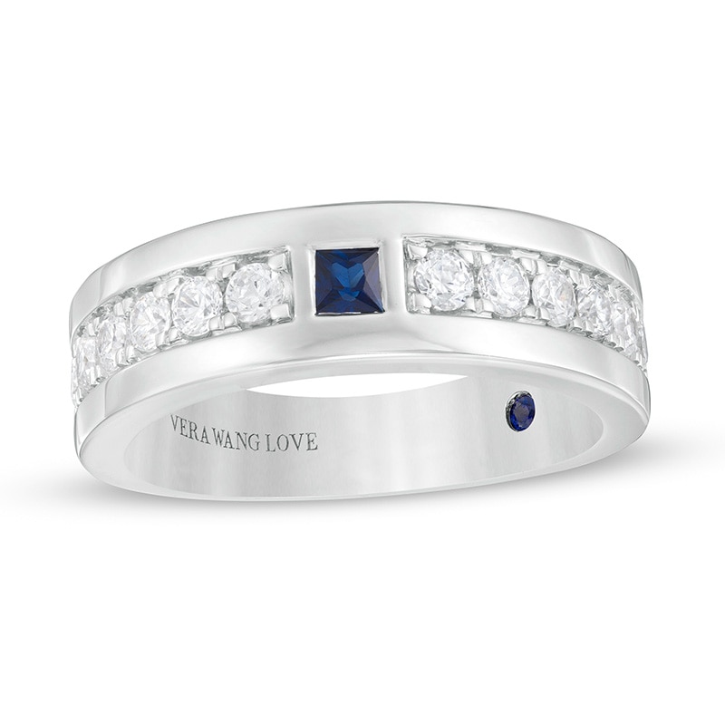 Previously Owned - Vera Wang Love Collection Men's Sapphire and 3/4 CT. T.W. Diamond Wedding Band in 14K White Gold