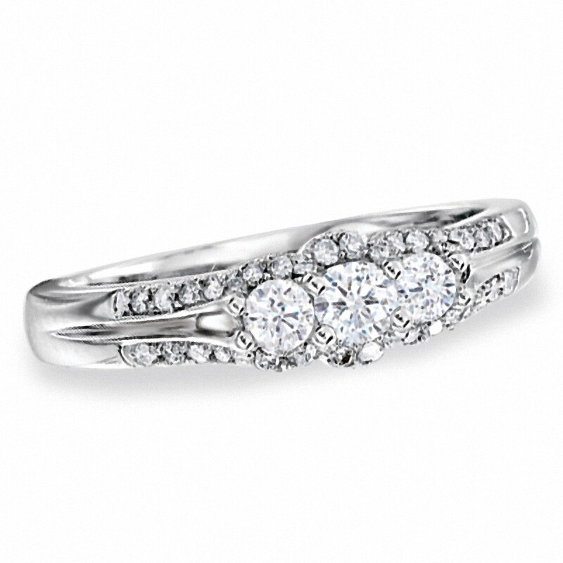 Main Image 1 of Previously Owned - 1/2 CT. T.W. Diamond Pavé Three Stone Framed Ring in 10K White Gold