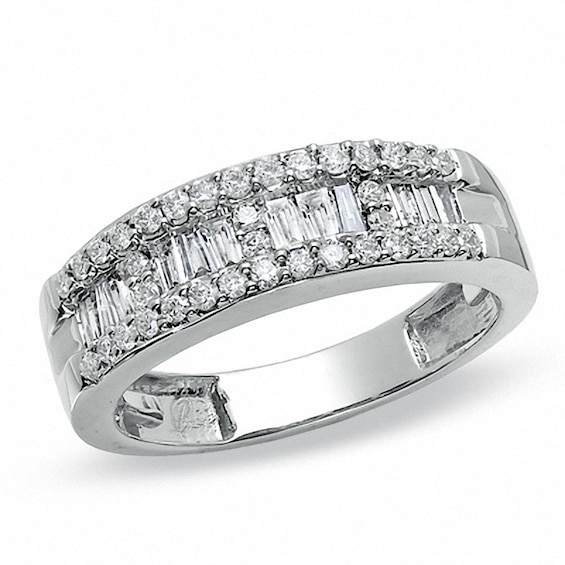 Previously Owned - 3/4 CT. T.w. Baguette and Round Channel Diamond Band in 14K White Gold