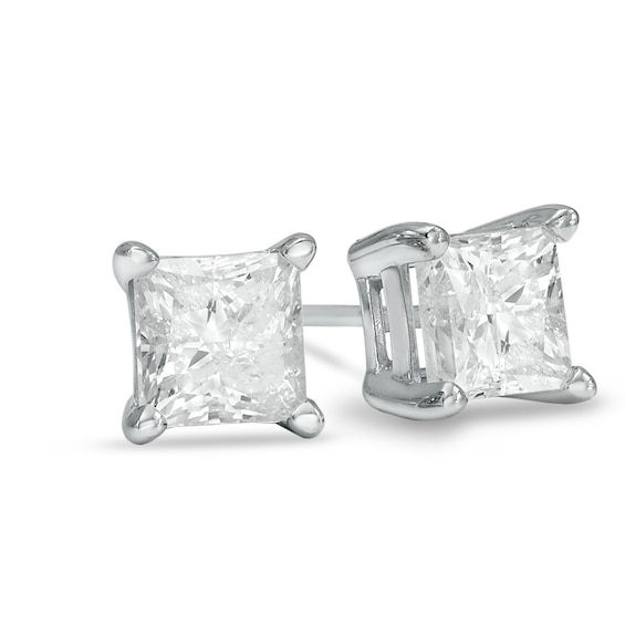 Previously Owned - 2 CT. T.w. Princess-Cut Diamond Solitaire Stud Earrings in 14K White Gold (I-J/I3)