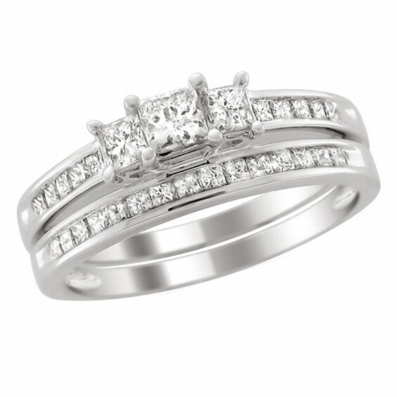 Previously Owned - 1-1/2 CT. T.w. Princess-Cut Diamond Three Stone Bridal Set in 14K White Gold