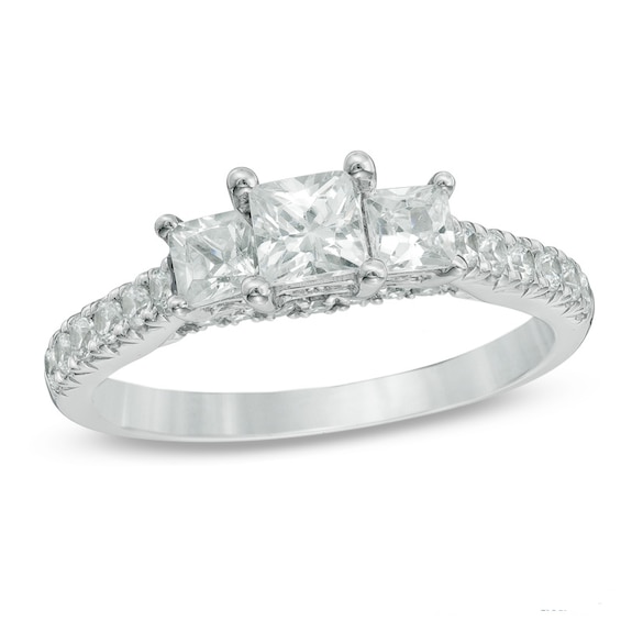 Previously Owned - Celebration Ideal 1-1/5 CT. T.w. Princess-Cut Diamond Three Stone Ring in 14K White Gold (J/I1)