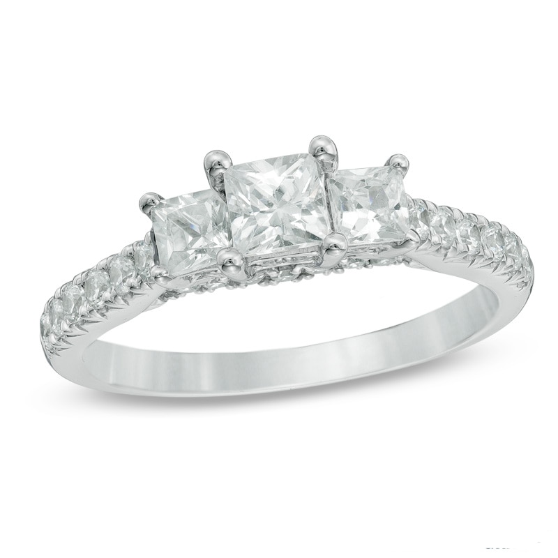 Main Image 1 of Previously Owned - Celebration Ideal 1-1/5 CT. T.W. Princess-Cut Diamond Three Stone Ring in 14K White Gold (J/I1)