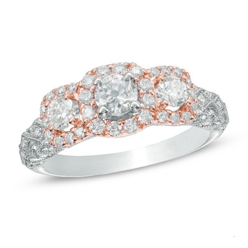 Main Image 1 of Previously Owned - Celebration Ideal 1 CT. T.W. Diamond Frame Three Stone Engagement Ring in 14K Two-Tone Gold (I/I1)