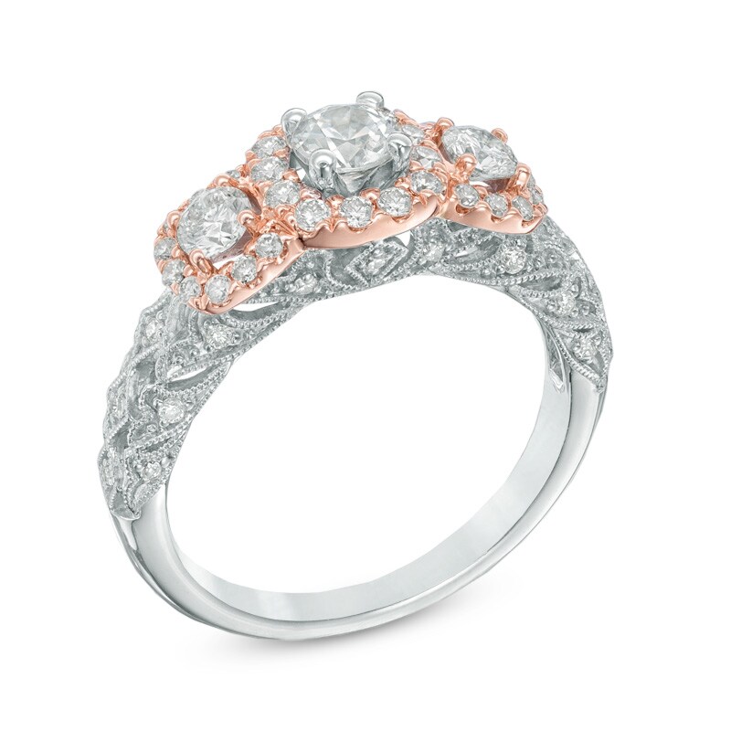 Main Image 2 of Previously Owned - Celebration Ideal 1 CT. T.W. Diamond Frame Three Stone Engagement Ring in 14K Two-Tone Gold (I/I1)
