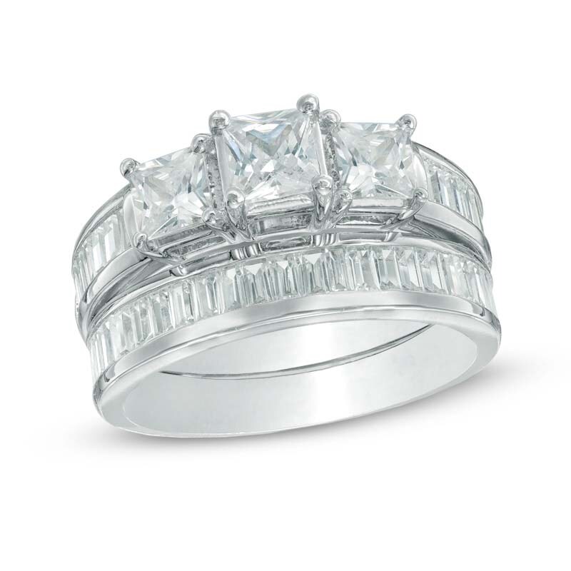 Main Image 1 of Previously Owned - 2-1/4 CT. T.W. Princess-Cut Diamond Past Present Future® Bridal Set in 14K White Gold
