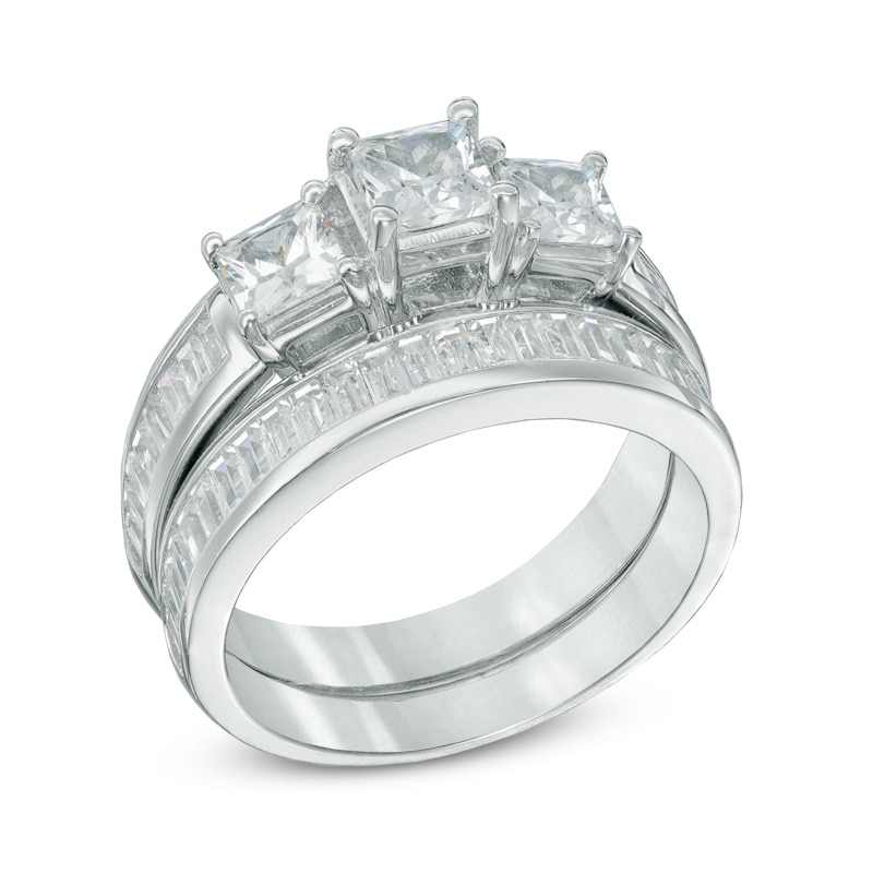 Main Image 2 of Previously Owned - 2-1/4 CT. T.W. Princess-Cut Diamond Past Present Future® Bridal Set in 14K White Gold