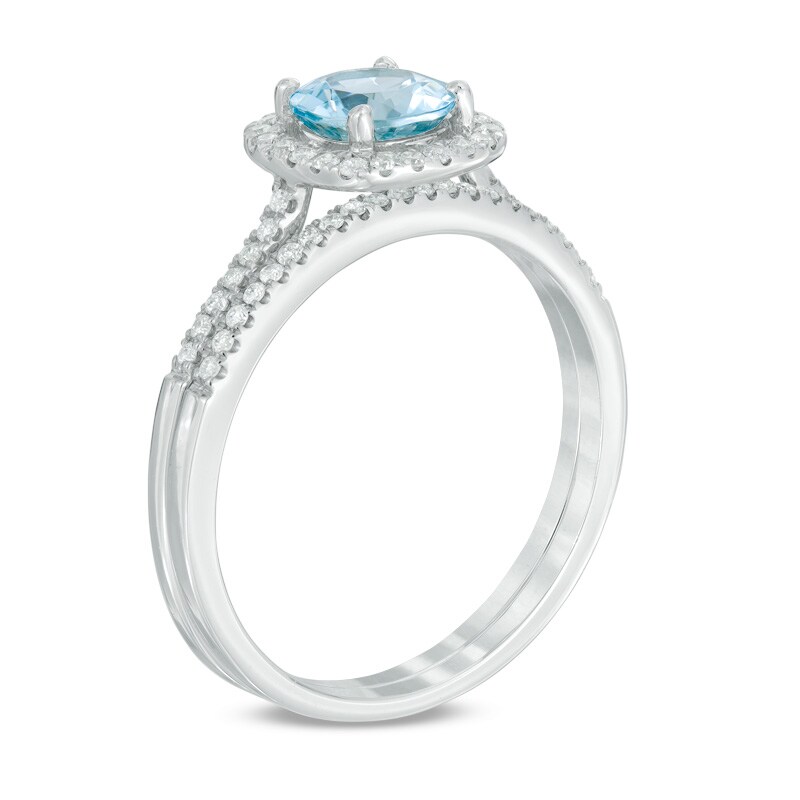 Main Image 2 of Previously Owned - 6.0mm Aquamarine and 1/4 CT. T.W. Diamond Frame Bridal Set in 14K White Gold
