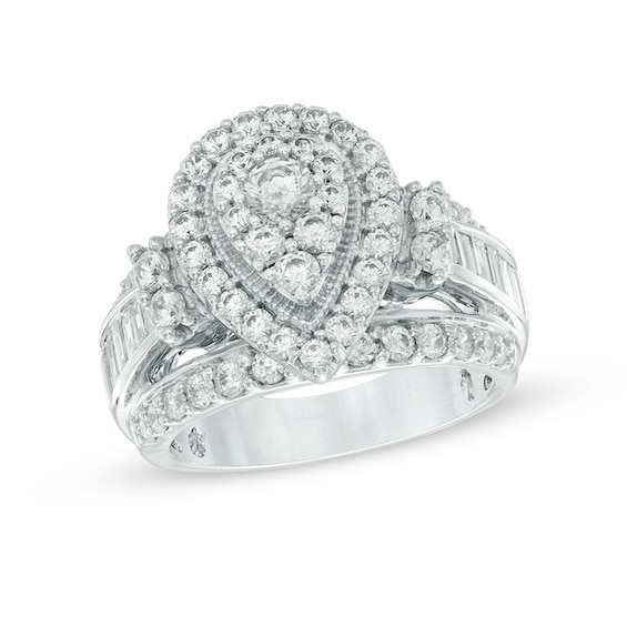 Previously Owned - 2 CT. T.w. Composite Diamond Pear-Shaped Frame Vintage-Style Engagement Ring in 14K White Gold