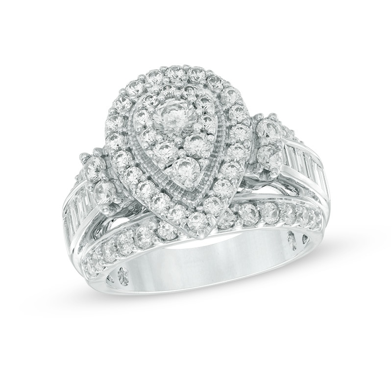 Main Image 1 of Previously Owned - 2 CT. T.W. Composite Diamond Pear-Shaped Frame Vintage-Style Engagement Ring in 14K White Gold