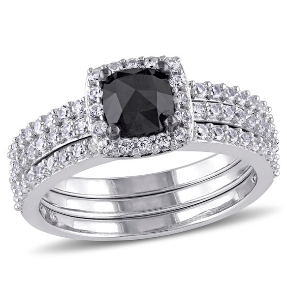 Previously Owned - 3/4 CT. Black Diamond and White Lab-Created Sapphire Three Piece Bridal Set in 10K White Gold