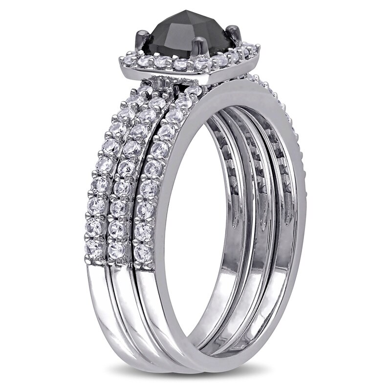 Main Image 2 of Previously Owned - 3/4 CT. Black Diamond and White Lab-Created Sapphire Three Piece Bridal Set in 10K White Gold
