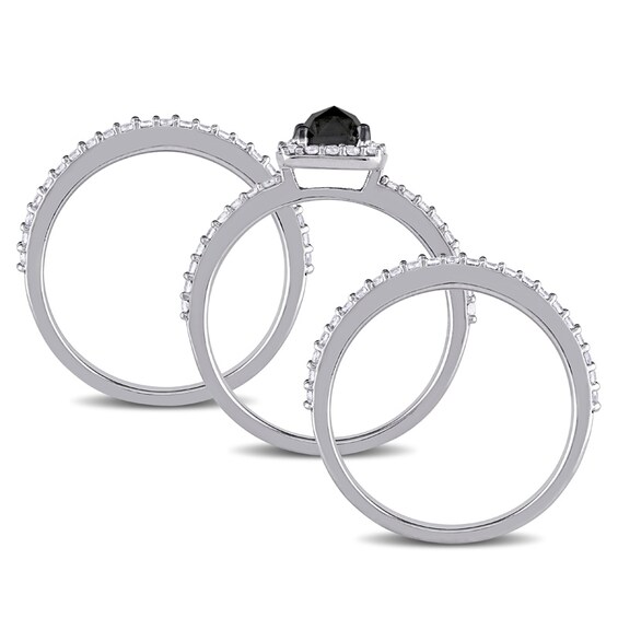 Previously Owned - 3/4 CT. Black Diamond and White Lab-Created Sapphire Three Piece Bridal Set in 10K White Gold