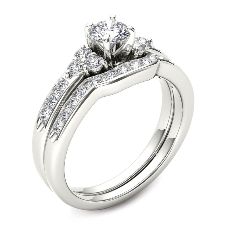 Main Image 2 of Previously Owned - 1 CT. T.W. Diamond Tri-Sides Bridal Set in 14K White Gold