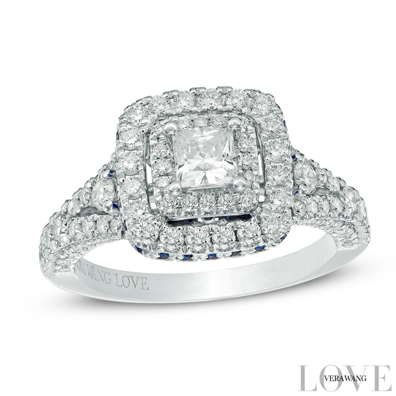 Main Image 1 of Previously Owned - Vera Wang Love Collection 1-1/3 CT. T.W. Diamond and Sapphire Frame Engagement Ring in 14K White Gold