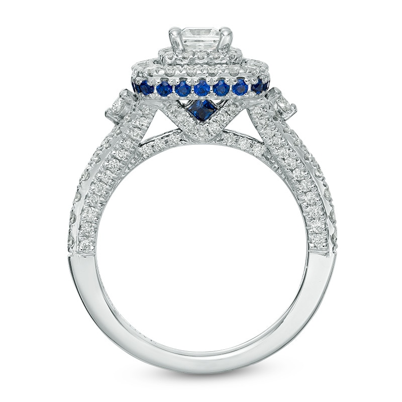 Main Image 3 of Previously Owned - Vera Wang Love Collection 1-1/3 CT. T.W. Diamond and Sapphire Frame Engagement Ring in 14K White Gold