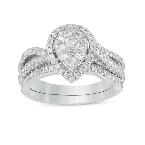 Previously Owned - 3/4 CT. T.w. Composite Diamond Pear-Shaped Frame Split Shank Bridal Set in 14K White Gold