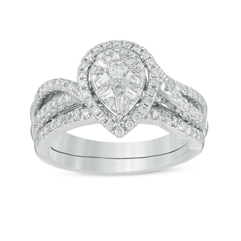 Main Image 1 of Previously Owned - 3/4 CT. T.W. Composite Diamond Pear-Shaped Frame Split Shank Bridal Set in 14K White Gold