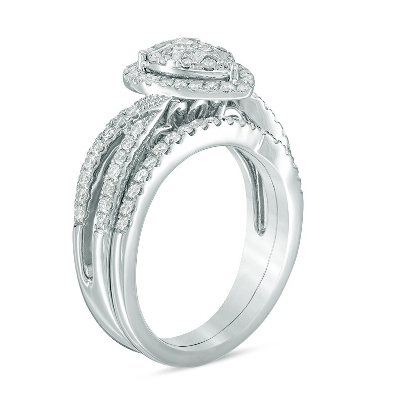 Main Image 2 of Previously Owned - 3/4 CT. T.W. Composite Diamond Pear-Shaped Frame Split Shank Bridal Set in 14K White Gold