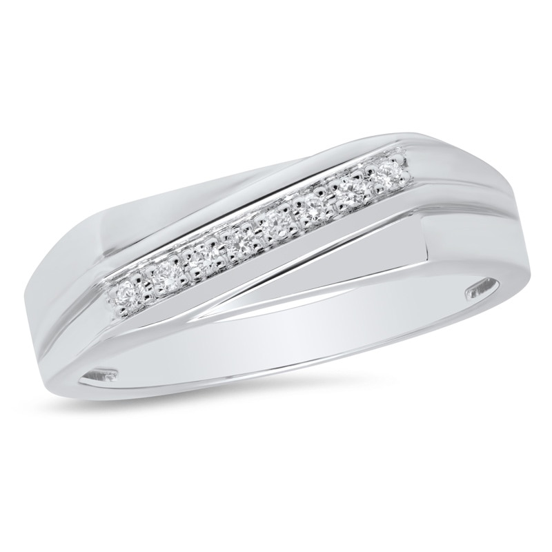 Main Image 1 of Previously Owned - 1/8 CT. T.W. Diamond Slant Wedding Band in 10K White Gold