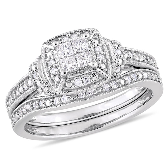 Previously Owned - 1/3 CT. T.w. Quad Princess-Cut Diamond Frame Collar Vintage-Style Bridal Set in 10K White Gold