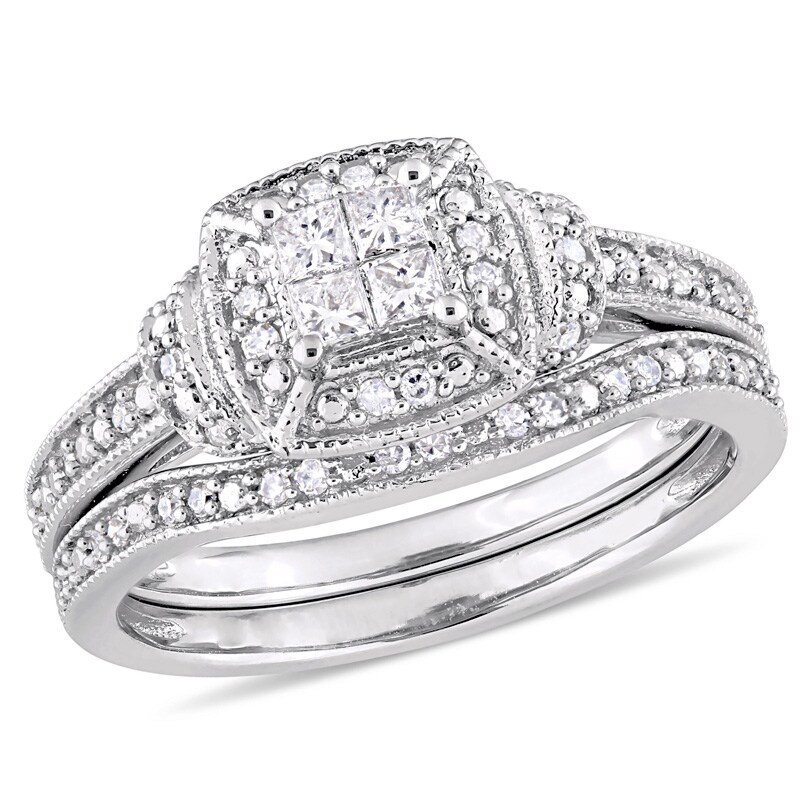 Main Image 1 of Previously Owned - 1/3 CT. T.W. Quad Princess-Cut Diamond Frame Collar Vintage-Style Bridal Set in 10K White Gold