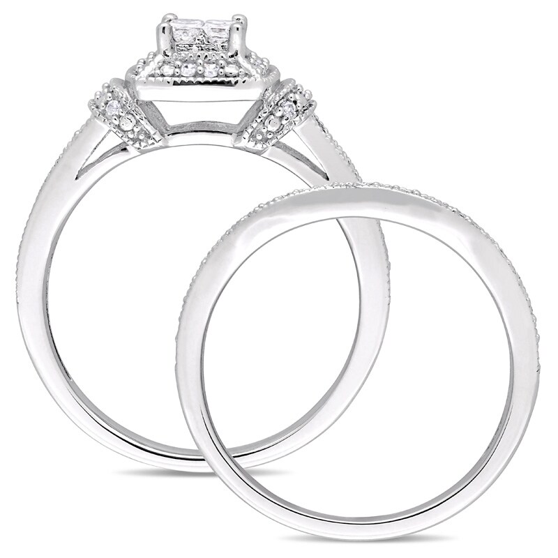 Main Image 3 of Previously Owned - 1/3 CT. T.W. Quad Princess-Cut Diamond Frame Collar Vintage-Style Bridal Set in 10K White Gold
