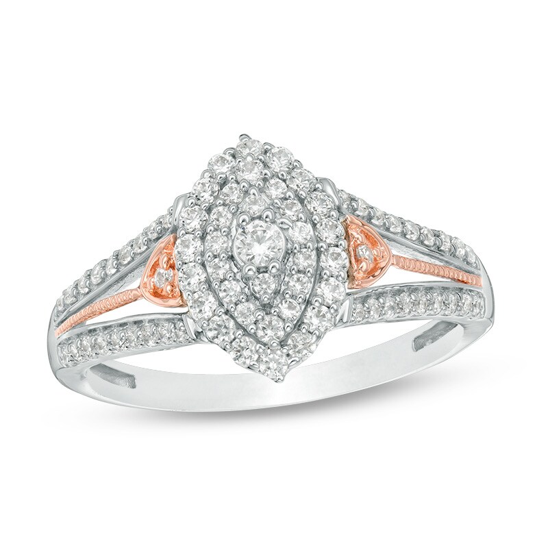 Main Image 1 of Previously Owned - 1/2 CT. T.W. Diamond Double Marquise Frame Vintage-Style Engagement Ring in 10K Two-Tone Gold