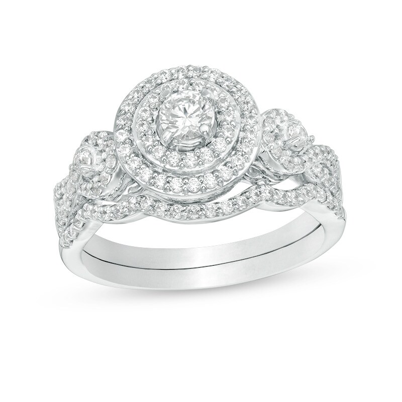 Main Image 1 of Previously Owned - 3/4 CT. T.W. Diamond Double Frame Twist Bridal Set in 10K White Gold