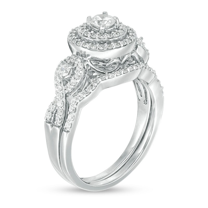 Main Image 2 of Previously Owned - 3/4 CT. T.W. Diamond Double Frame Twist Bridal Set in 10K White Gold