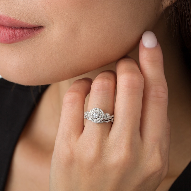Main Image 3 of Previously Owned - 3/4 CT. T.W. Diamond Double Frame Twist Bridal Set in 10K White Gold