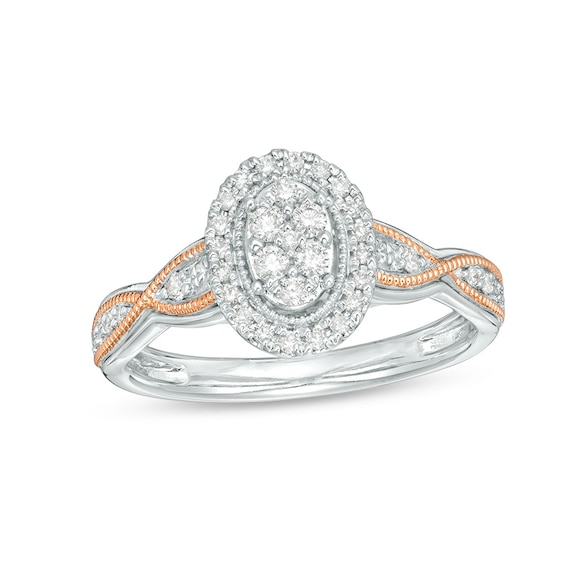 Previously Owned - 1/4 CT. T.w. Composite Diamond Oval Frame Vintage-Style Engagement Ring in 10K Two-Tone Gold