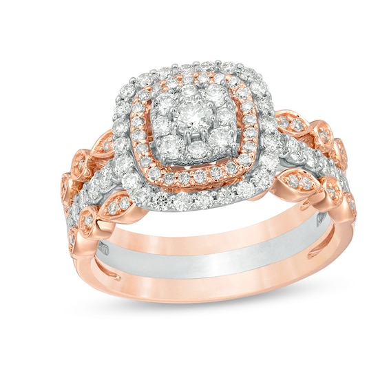 Previously Owned - 7/8 CT. T.w. Multi-Diamond Cushion Frame Art Deco Three Piece Bridal Set in 14K Two-Tone Gold