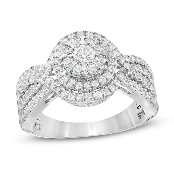 Previously Owned - 1 CT. T.w. Diamond Double Frame Multi-Row Engagement Ring in 10K White Gold