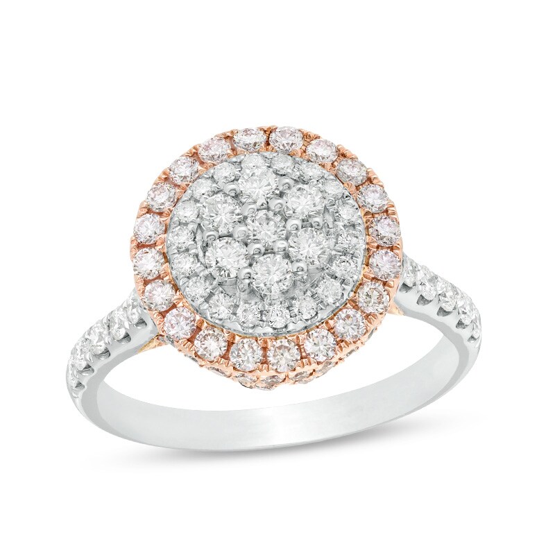 Main Image 1 of Previously Owned - 1-1/2 CT. T.W. Pink and White Composite Diamond Double Frame Engagement Ring in 14K Two-Tone Gold