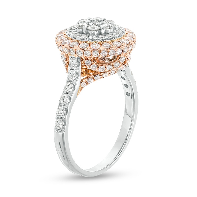 Main Image 3 of Previously Owned - 1-1/2 CT. T.W. Pink and White Composite Diamond Double Frame Engagement Ring in 14K Two-Tone Gold