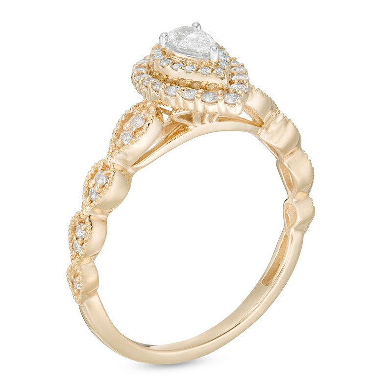 Main Image 3 of Previously Owned - 3/8 CT. T.W. Pear-Shaped Diamond Double Frame Art Deco Vintage-Style Engagement Ring in 10K Gold