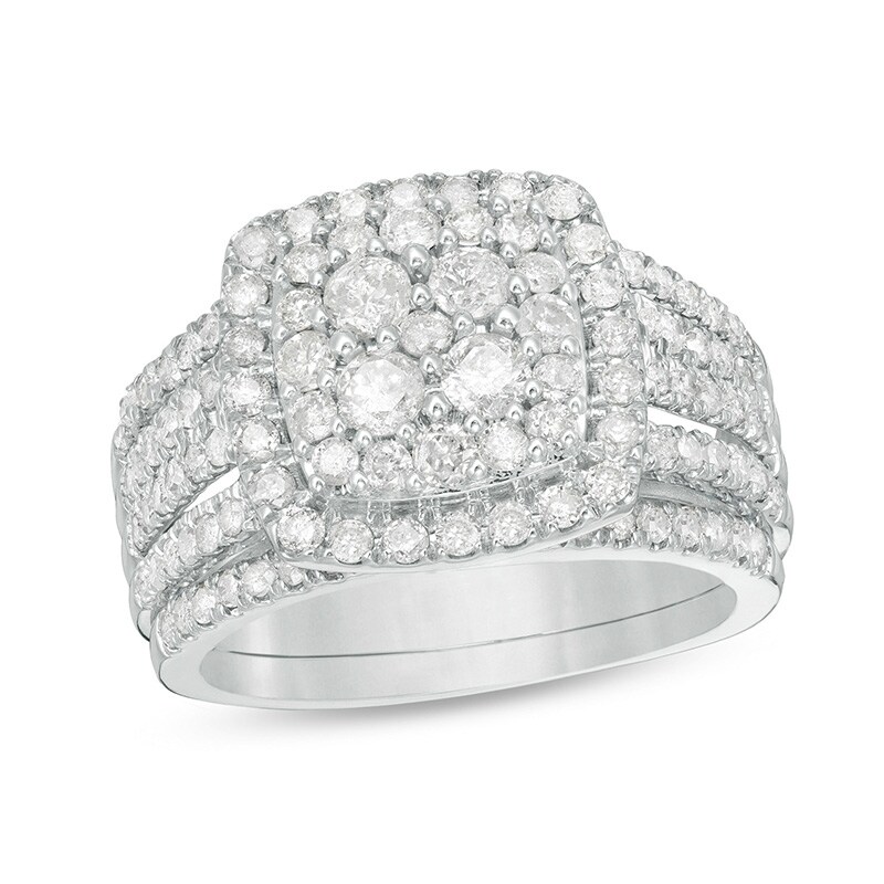 Main Image 1 of Previously Owned - 1-1/2 CT. T.W. Composite Diamond Cushion Frame Bridal Set in 10K White Gold