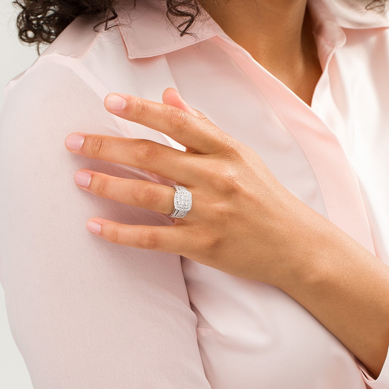 Main Image 2 of Previously Owned - 1-1/2 CT. T.W. Composite Diamond Cushion Frame Bridal Set in 10K White Gold