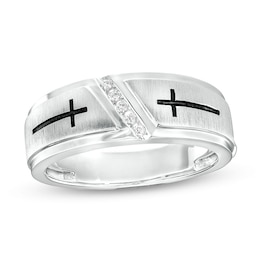 Previously Owned - 1/20 CT. T.W. Diamond Five Stone Antique-Finish Double Cross Wedding Band in 10K White Gold