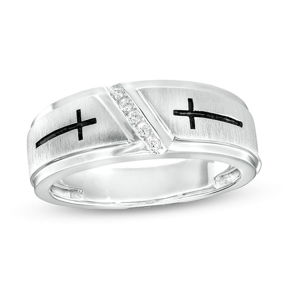 Previously Owned - 1/20 CT. T.w. Diamond Five Stone Antique-Finish Double Cross Wedding Band in 10K White Gold