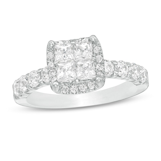 Previously Owned - 1-5/8 CT. T.w. Princess-Cut Quad Diamond Frame Engagement Ring in 14K White Gold