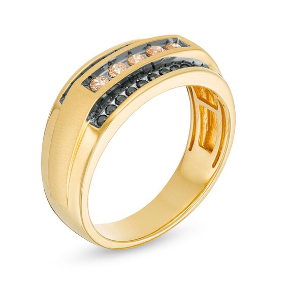 Previously Owned - 1/2 CT. T.w. Black Enhanced and Champagne Diamond Triple Row Ring in 10K Gold